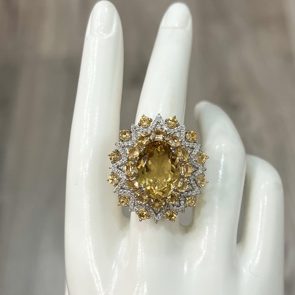 BrazilianCitrine White Zircon LARGE Sterling Silver Sunburst Statement Ring - Picture 3 of 11